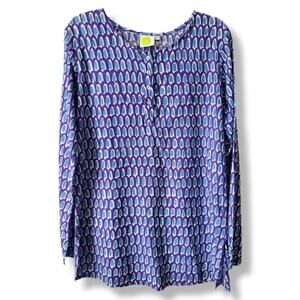 Women See Design Purple Cotton Cover Up Tunic Top L Boho Chic Artsy Beach NEW